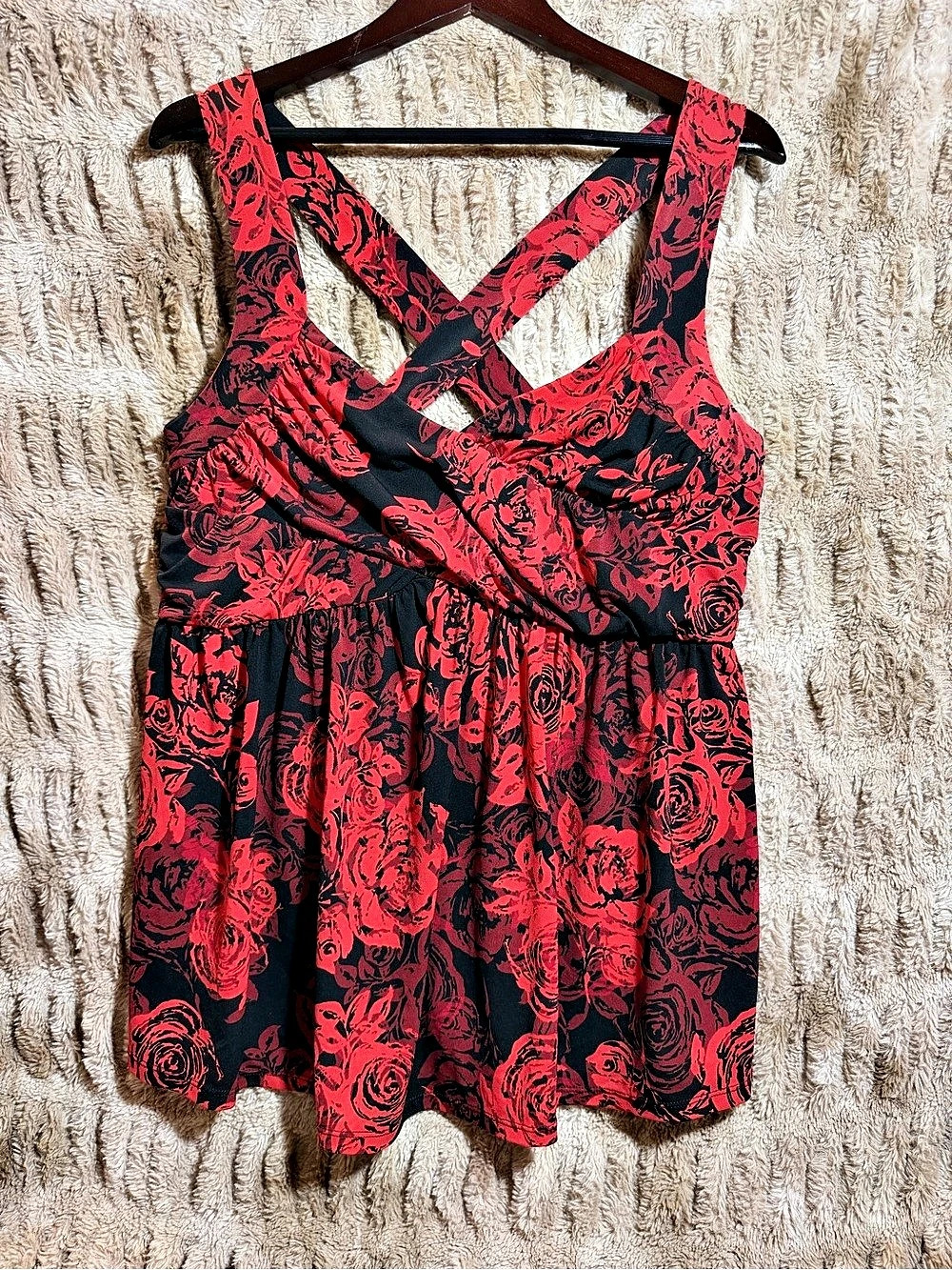 Torrid Red and Black Rose Print Crisscross Back Babydoll Tank Red & Black Rose
